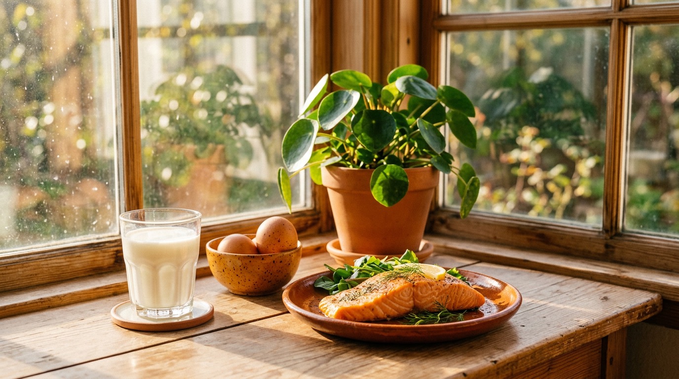 Vitamine D uit zon en voeding: melk, eieren en vis op een zonnige vensterbank