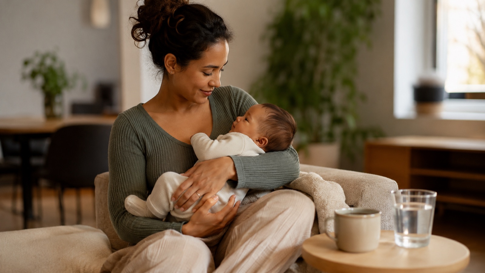 Een moeder houdt haar baby dicht tegen zich aan