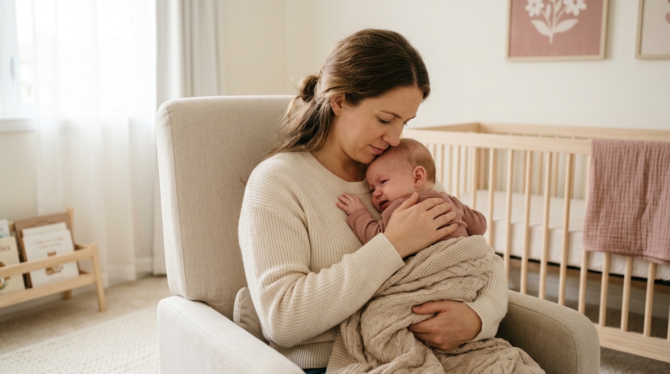Elternteil tröstet ein quengeliges Baby beim Zahnen