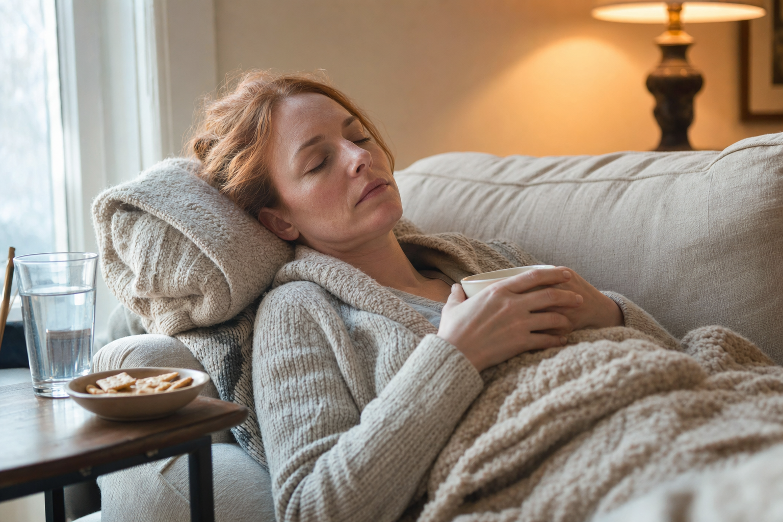 Editorial photo: Frau ruht sich auf dem Bett aus mit Glas Wasser, Hyperemesis gravidarum