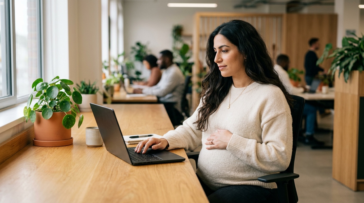 Schwangere Frau am Schreibtisch im Homeoffice mit Laptop